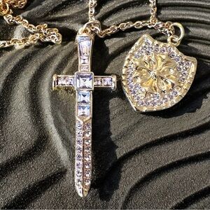 Sparkling Gold Toned Cross Sword Necklace with Shield DND Paladin